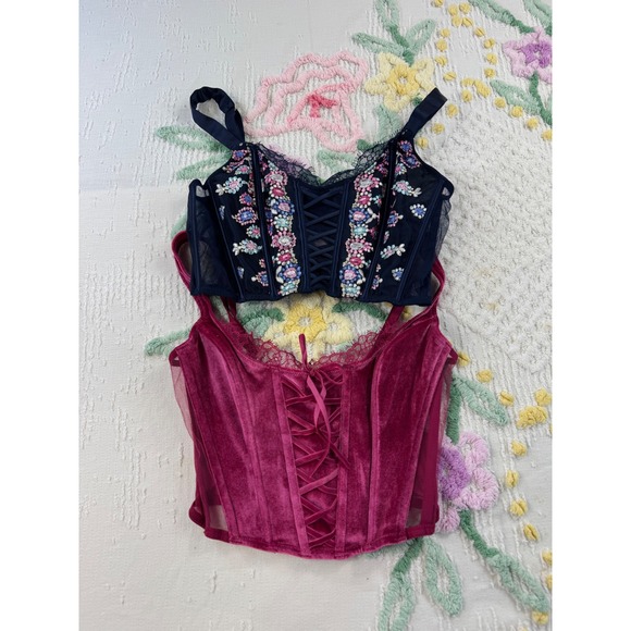 Victoria's Secret Tops - Victoria's‎ Secret Corset Bustier Top Set Floral Lace Up Burgundy Navy  xs